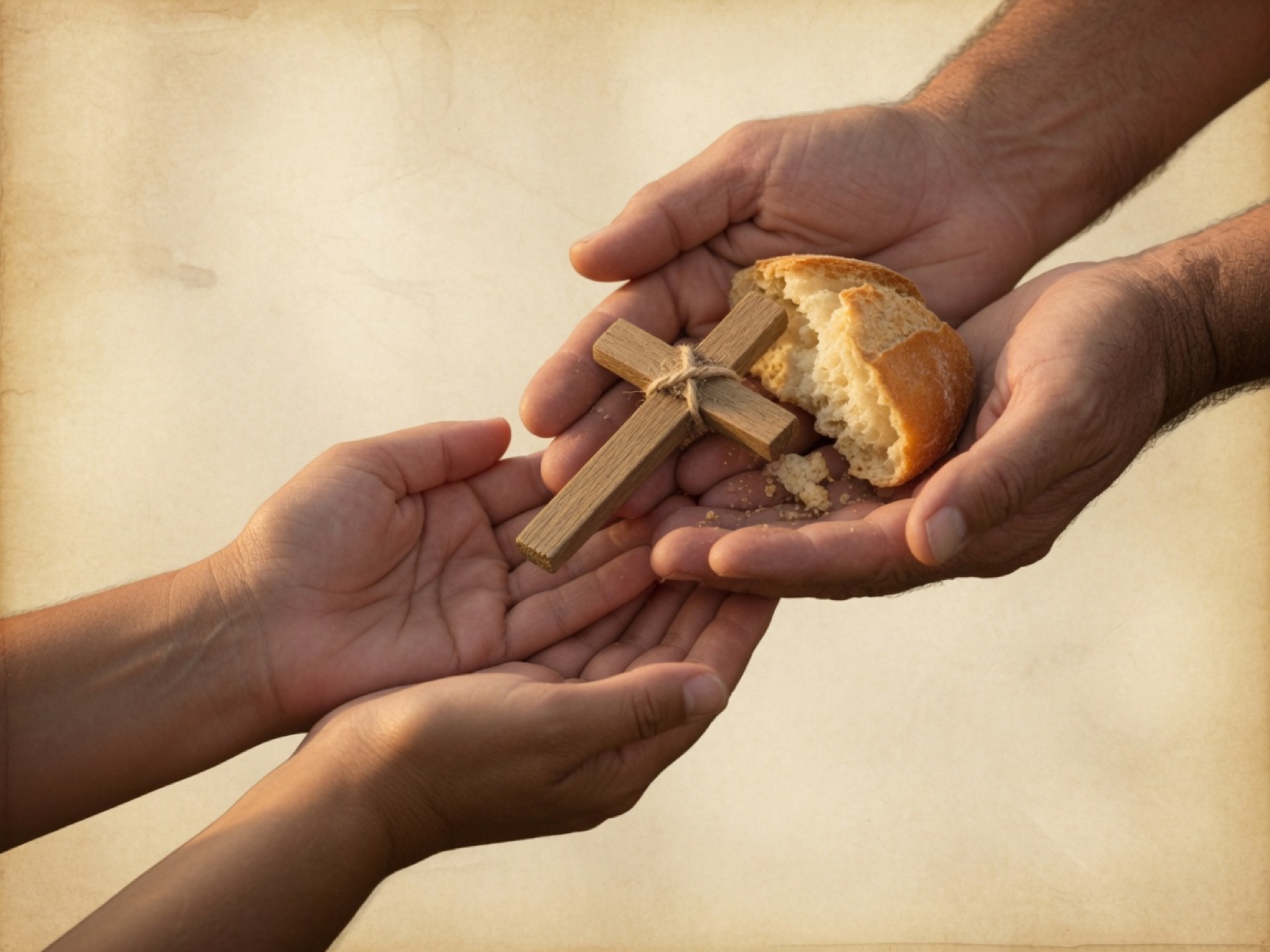 Hands offering bread and a cross