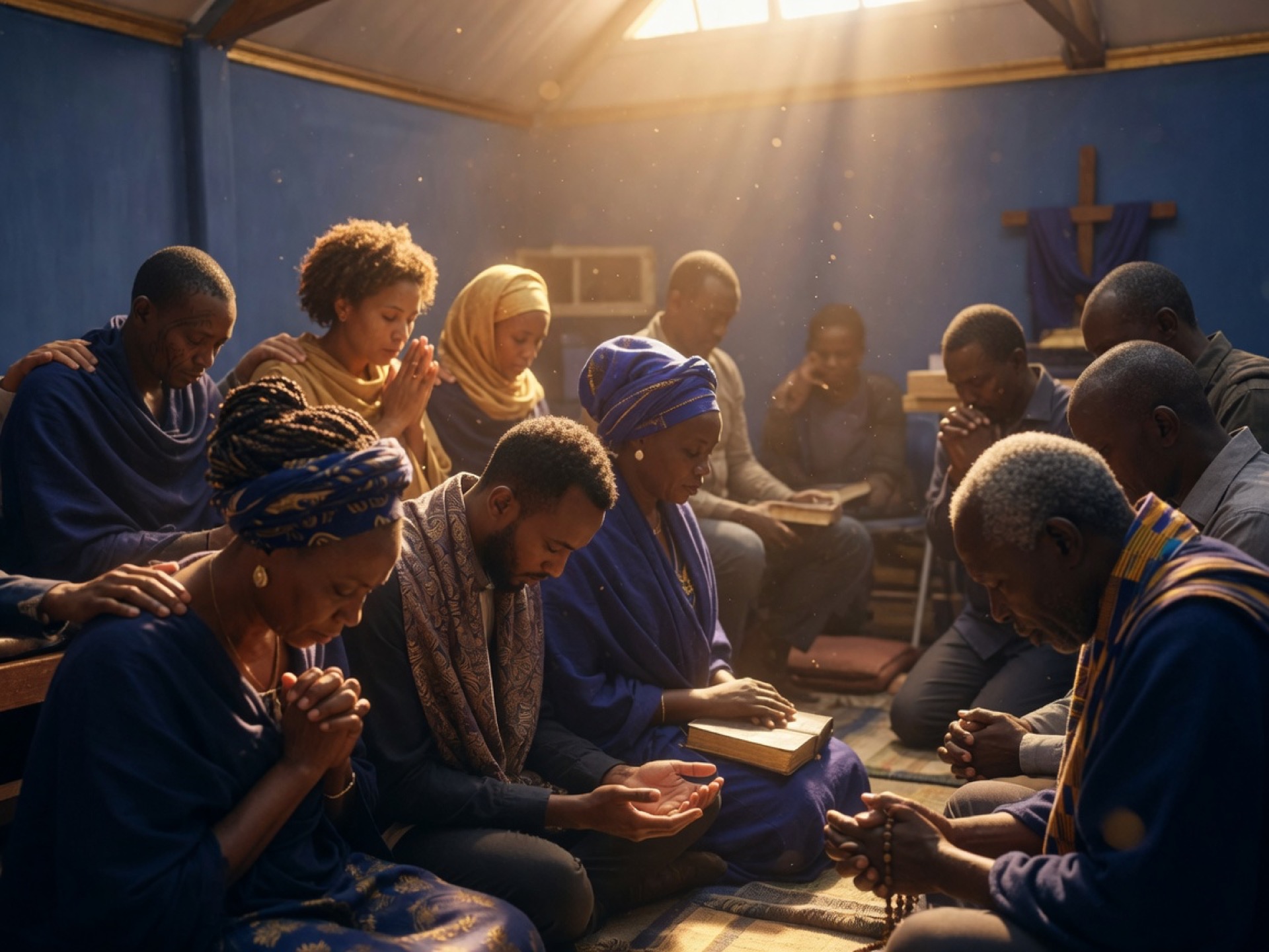 A diverse group of people in a prayer gathering.